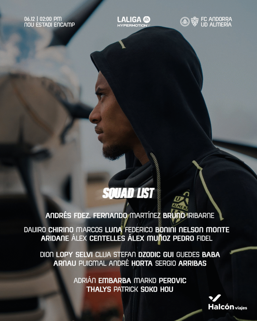 Convocatoria del Almería, correspondiente a la jornada 17, para enfrentarse al Andorra